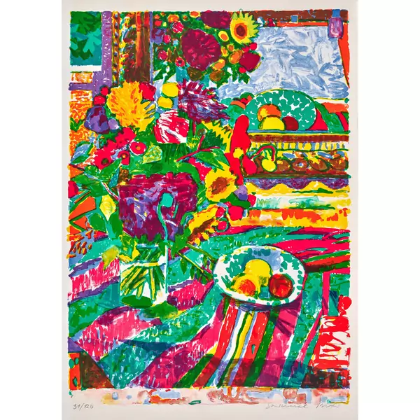 Stillleben mit Früchten und Blumenbouquet