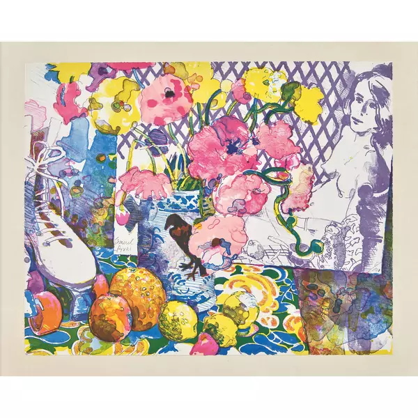 Komposition mit Blumen, Früchten und Rollschuh