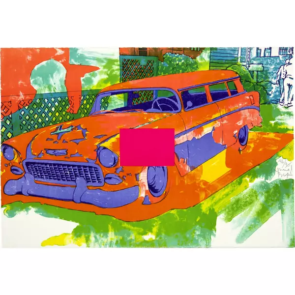 Samuel Buri — Farbmuster auf Chevy (Pink, Gelb, Orange, Mint) — Galerie Kornfeld