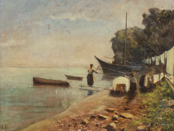 Samuel Delapeine — Charles Samuel DELAPEINE (1826-1894), 'Lavandières sur la rive du Léman', huile