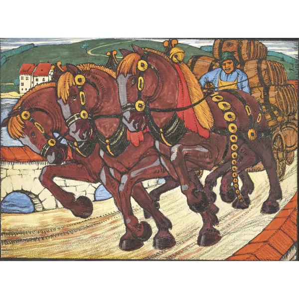 Sebastian Oesch — Pferdefuhrwerk mit Bierfässern.