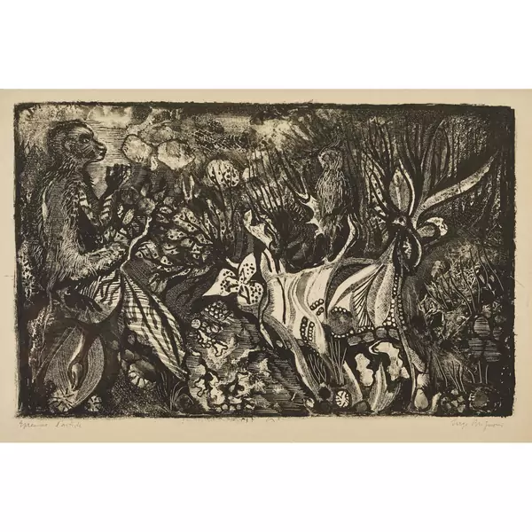 "Affe und Papagei in phantastischer Landschaft"