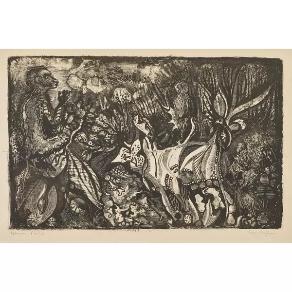 "Affe und Papagei in phantastischer Landschaft"
