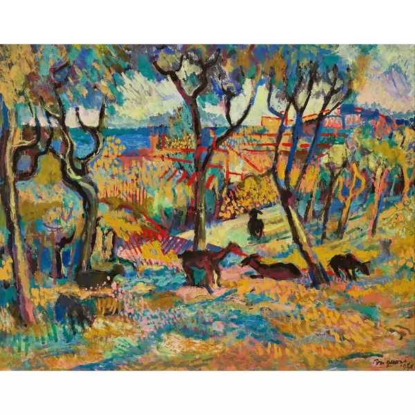 Landschaft mit Bäumen und Schafen