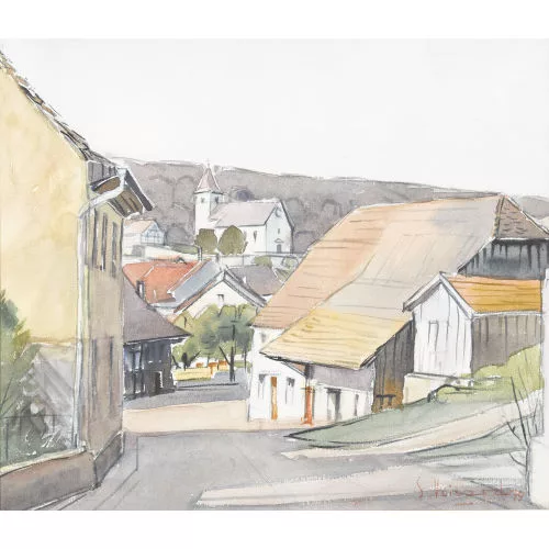 Serge Voisard — Dorfpartie mit Kirche.