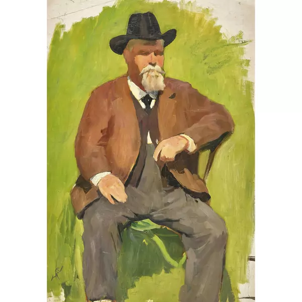 Sitzender älterer Herr mit Hut auf einem Stuhl