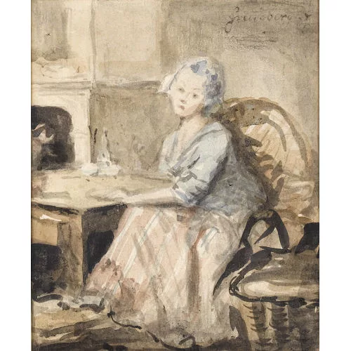Sigmund Freudenberger — Interieur mit Frau an einem Tisch.