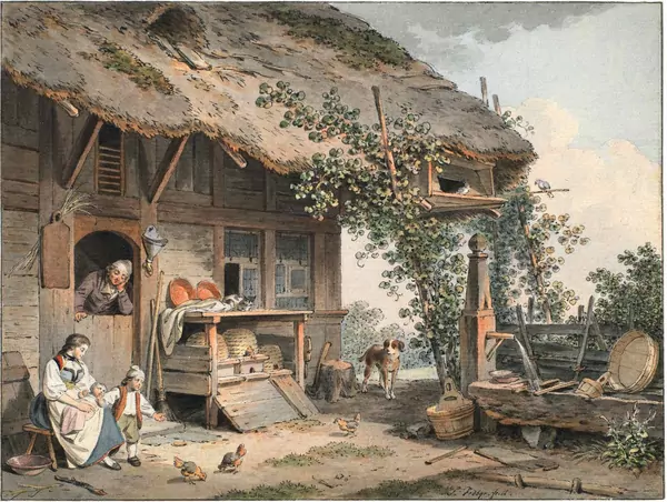 Sigmund Freudenberger — Junge Bäuerin vor der Tür ihres Hofes sitzend, mit zwei Kindern, an der Türe der junge Bauer — Galerie Kornfeld