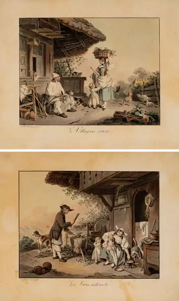 Kolorierte Umrissradierungen 19. Jh. Zwei Ansichten: "Le Villageois content" und "Les Soins maternels". Unten links signiert. Etwas fleckig. Unter Passepartout gerahmt Höhe 17 cm Breite 22.5 cm