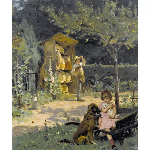 Garten mit Imker und spielendem Mädchen
