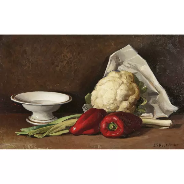 Stillleben mit Peperoni, Blumenkohl, Lauch und Presentoir