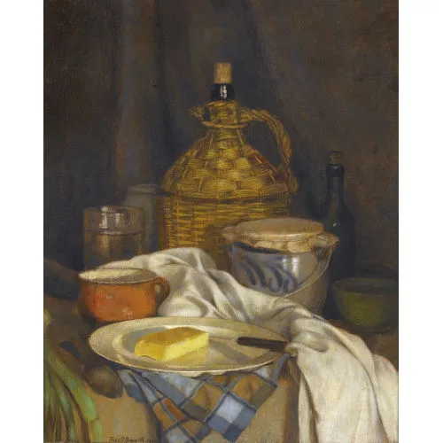 Theodor Barth — Stillleben mit Chianti-Flasche, Senftopf und Käse.