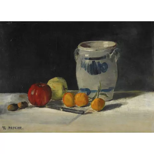Stillleben mit Obst, Nüssen, Messer und Steinzeugtopf