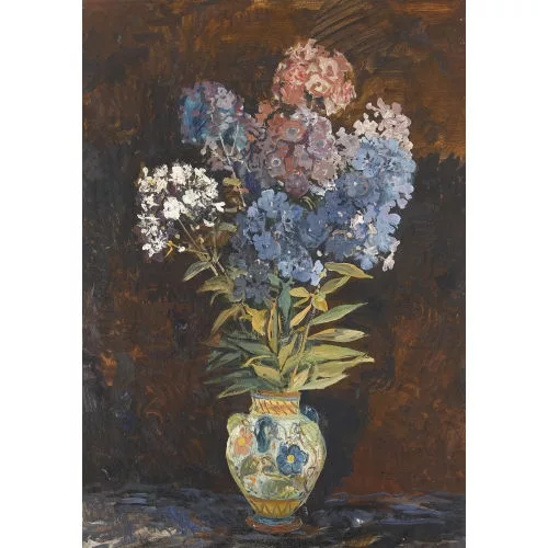 Theo Glinz — Stillleben mit Flieder in bunter Vase.