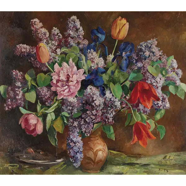 Stillleben mit Flieder, Tulpen und Pfingstrose in Vase