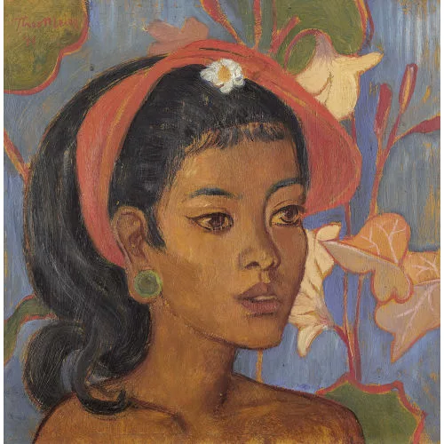 Theomeier genannt Meier aus Bali — Junge Balinesin vor floralem Hintergrund.