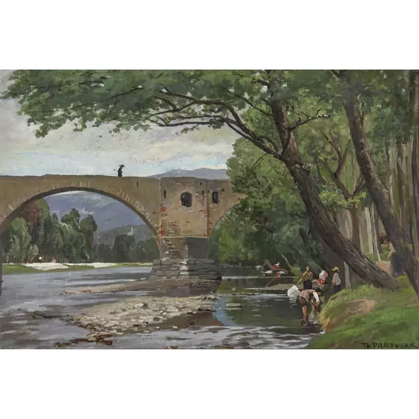 Wäscherinnen vor einer alten Brücke