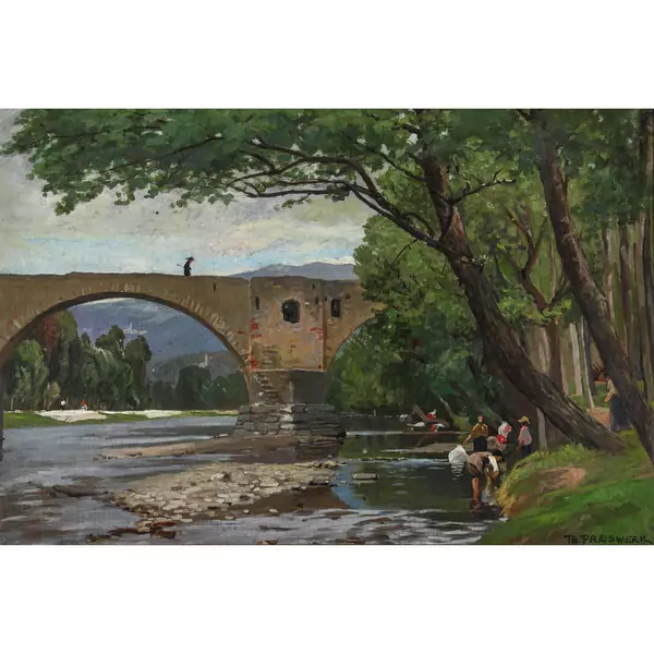 Wäscherinnen vor einer alten Brücke