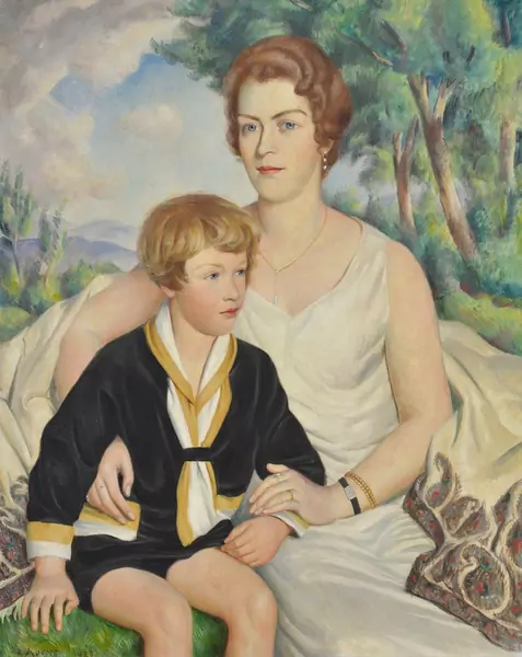 Théophile Robert (1879-1954) Femme élégante et son jeune enfant, huile sur toile signée et datée 1925, 100x82 cm — Genève Enchères