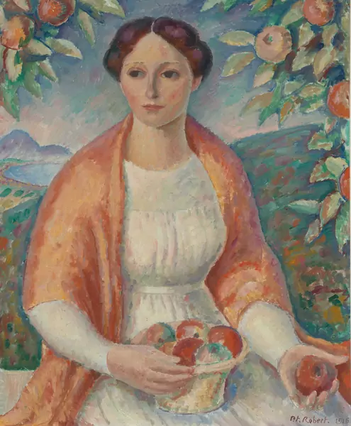 Théophile Robert — Bäuerin mit Früchtekorb in einer Landschaft. 1916. — Schuler Auktionen