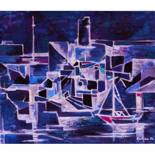 Tonio Ciolina — Stadtansicht mit Hafen und Segelboot.