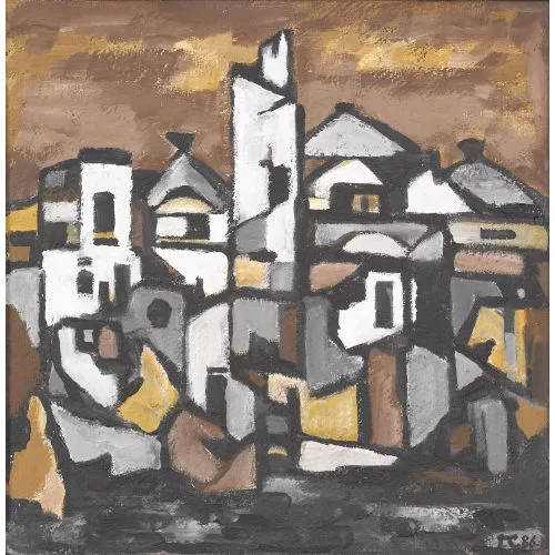 Tonio Ciolina — Abstrahierte Ansicht einer Stadt mit Turm.