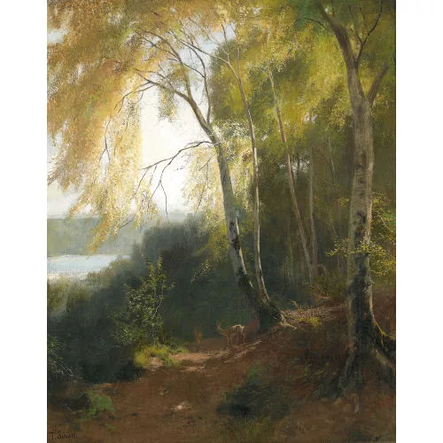 Traugott Schiess — Sonnenbeschienene Waldlandschaft mit Reh.