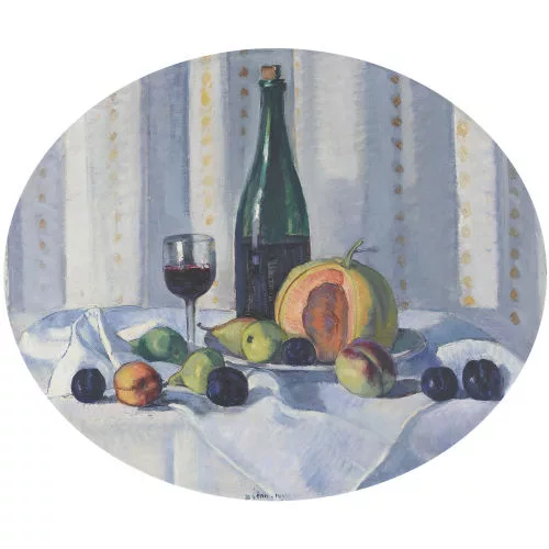 Traugott Senn — Stillleben mit Wein und Früchten auf weissem Tischtuch.