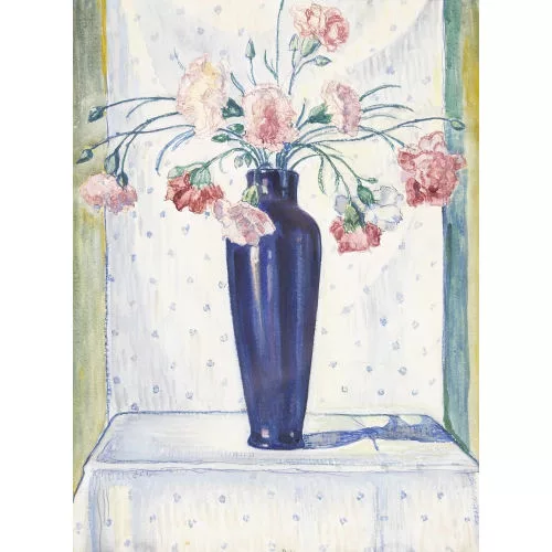 Traugott Senn — Stillleben mit Nelken in blauer Vase.