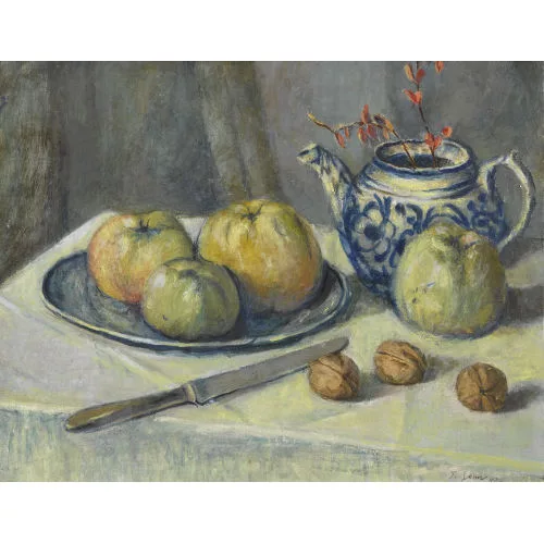Traugott Senn — Stillleben mit Obst, Nüssen und Teekanne.