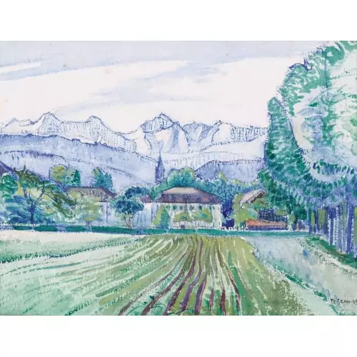 Feldlandschaft mit Blick auf die Berner Alpen