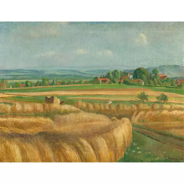 Weite Sommerlandschaft mit Weizenfeld