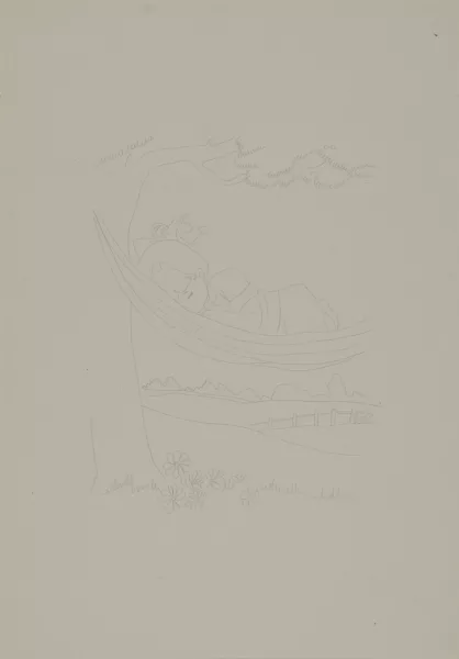 Ugo Rondinone — 5 Zeichnungen: Brille, 1988; Schlafendes Mädchen in Hängematte, 1988; Stehendes Mädchen mit Teddy und Hase, 1988, Spielzeugente, 1988, Trompete spielendes Mädchen, 1988