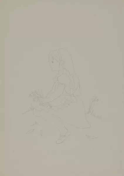 Ugo Rondinone — 4 Zeichnungen: Hirsch und zwei Rehe, 1988; Schwein, 1988; Haus mit Kamin, 1988; Sitzendes Mädchen, 1988