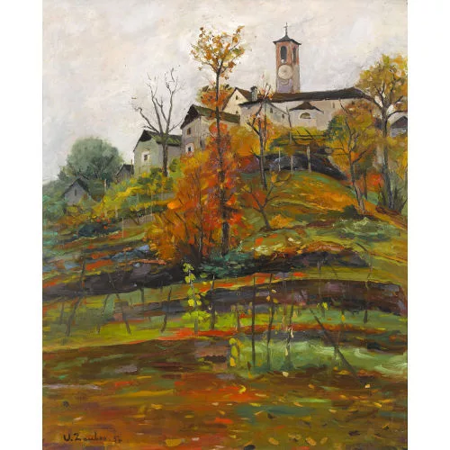 Ugo Zaccheo — Herbstlicher Weinberg mit Tessiner Dorf.