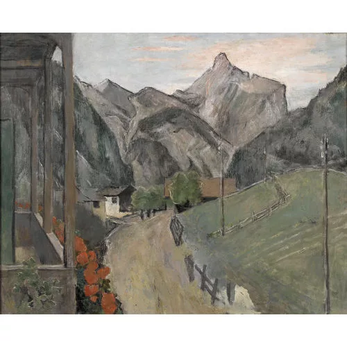 Victor Surbek — Dorfstrasse vor Gebirgslandschaft.
