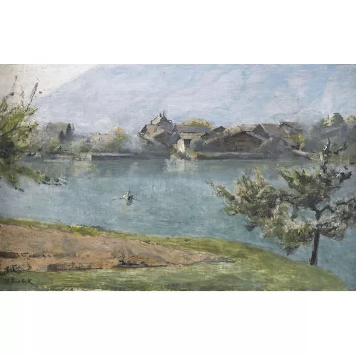 Victor Surbek — Uferpartie mit Dorf.