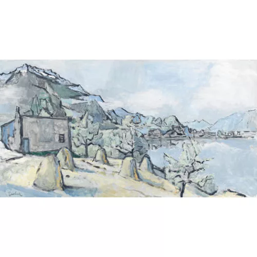 Victor Surbek — Seeuferpartie mit Heuschober im Gebirge.