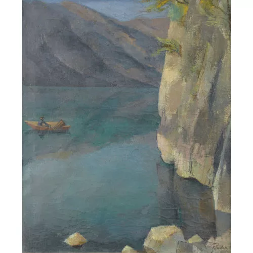 Victor Surbek — Steile Seeuferparte mit Ruderboot.