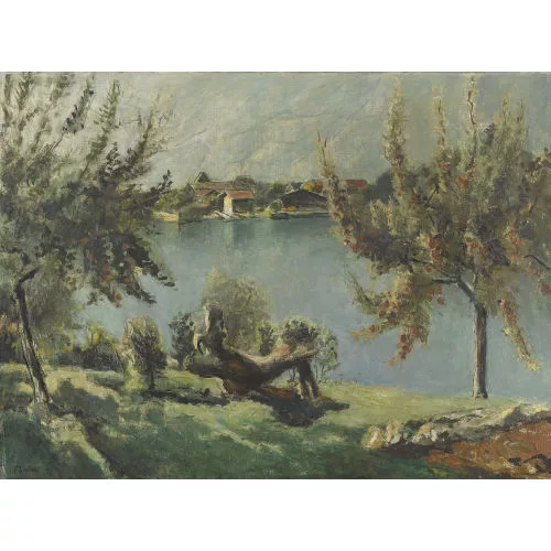 Victor Surbek — Sommerliches Seeufer mit Obstbäumen.