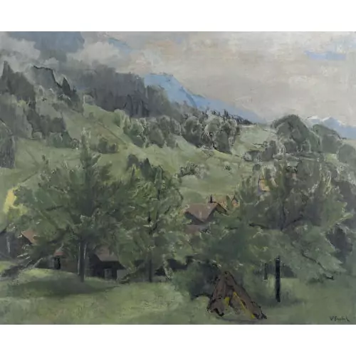 Weite Berglandschaft mit Bauernhäusern