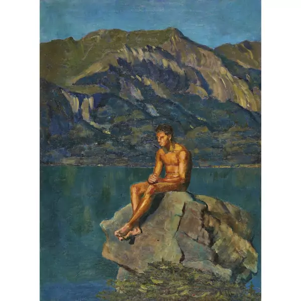 Bergsee mit nacktem Jüngling auf einem Felsen