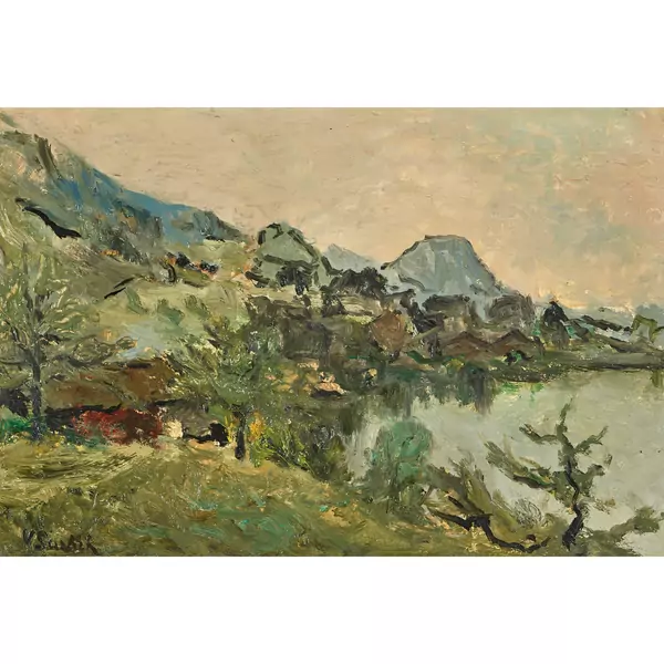 Hügelige Landschaft mit See