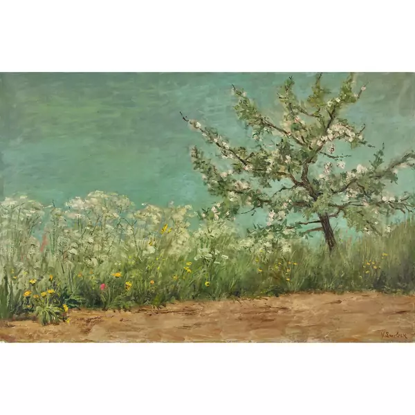 Wiesenlandschaft mit blühendem Kirschbaum
