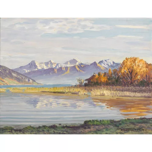Waldemar Fink — Uferpartie am Thunersee mit Alpenkette.