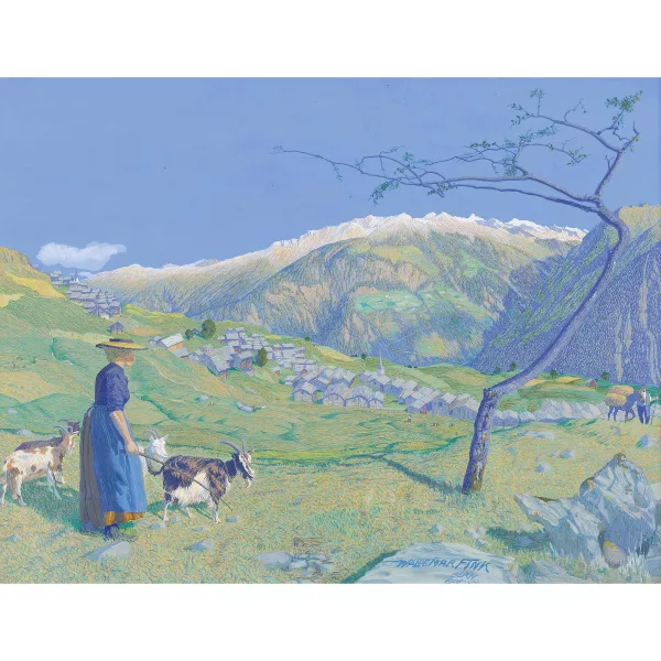 Waldemar Fink — Sommerliche Alp mit Hirtin und Ziegen.