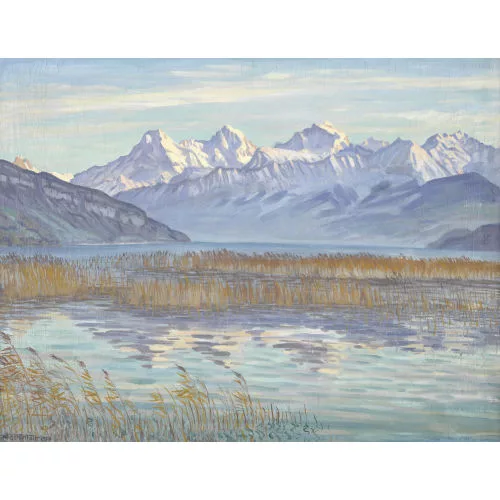 Waldemar Fink — Uferpartie am Thunersee mit Berner Alpen.
