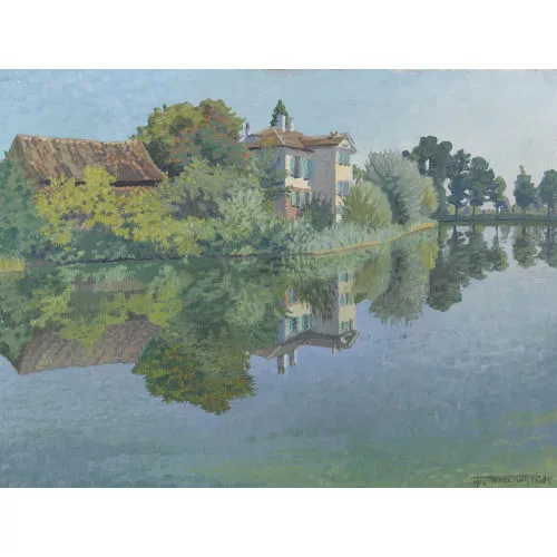 Waldemar Fink — Sommerliche Uferpartie mit einer Villa.