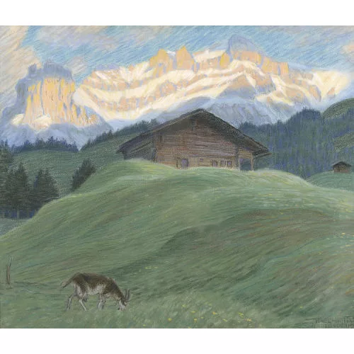 Waldemar Fink — Gebirgspartie mit Chalet und Ziege vor dem Gross Lohner.