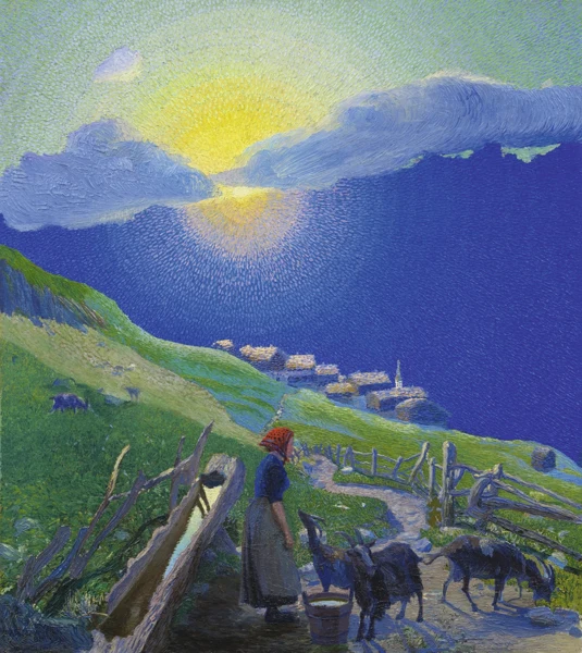 Waldemar Fink — Hirtin mit Ziegen auf der Alp bei Sonnenuntergang, 1908